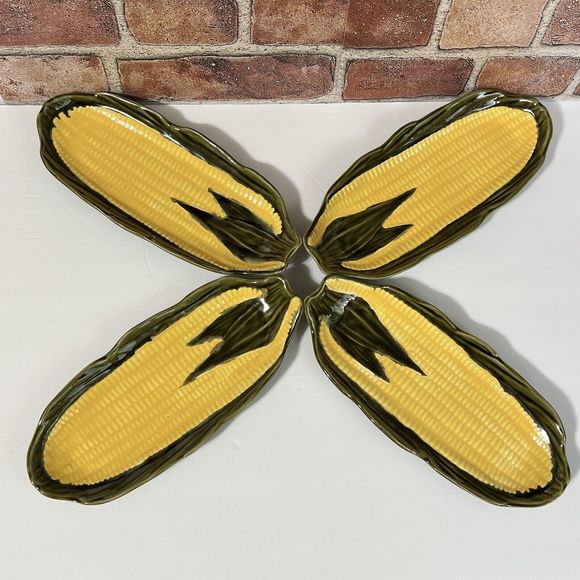 VINTAGE 4 Ceramic Yellow Corn On The Cob Dish Holder Cradle Made in Portugal - Picture 1 of 17